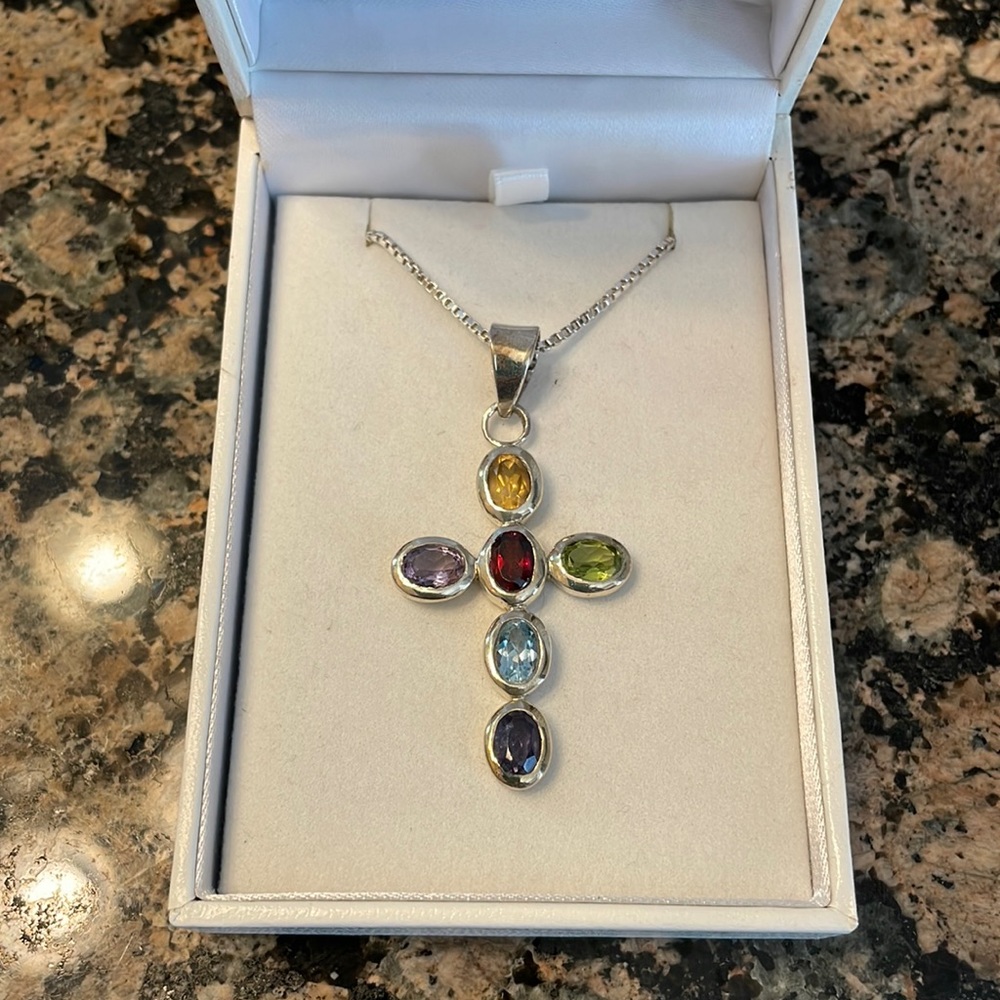 Sterling Silver Genuinely Gemstone Cross Pendant Retail 395.00 NWT
